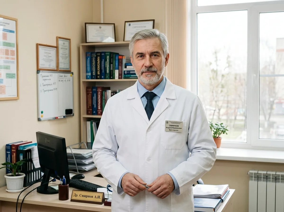 Портрет врача-нарколога Смирнова Андрея Николаевича, мужчина около 55 лет, в белом халате, серьёзный профессиональный вид, светлый медицинский кабинет